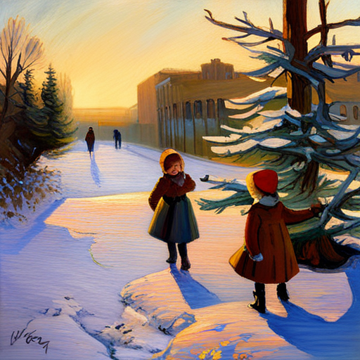 Winter, Children, Christmas Tree, Painting, Oil, Vintage, Snow, Cozy, Nostalgic, Traditional, Warmth, Joy, Delight, Festive, Holiday, Seasonal, Impressionistic, Soft brushstrokes, Candlelight, Glimmer, Shadows, Reflections, Frost, Frosty breath, Fireplace, Family, Love, Happiness, Innocence, Wonder, Magical, Twinkling lights, Ornate decorations, Gifts, Wrapped presents, Crisp air, Winter wonderland, Icy branches, Evergreen, Muted colors, Timeless, Vintage charm