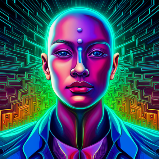 AI programming, singularity matrix, vivid colors, abstract shapes, cyberpunk, postmodernism, limits of identity, consciousness exploration