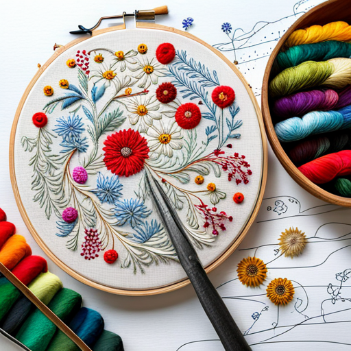embroidery pattern, wildflower meadow, floral motifs, delicate stitches, intricate detailing, vibrant colors, nature-inspired, handmade, textile art, organic shapes, traditional craft, vintage aesthetic, botanical elements, floral composition, intricate patterns, textile design, artistic embellishments, line-art, digital-art