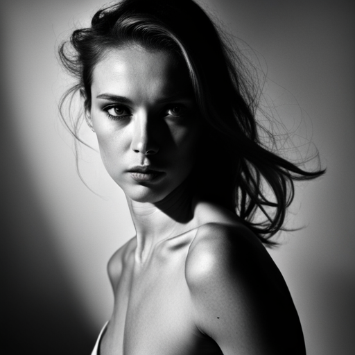 feminine strength, gracefulness, portrait, black and white, soft lighting, emotional expression, beauty, empowerment, contemporary, contrast, delicate features, monochrome, dramatic shadows, timeless elegance, chiaroscuro, Renaissance influence, ethereal mood