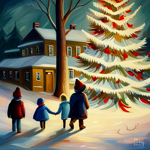 Winter, Children, Christmas Tree, Painting, Oil, Vintage, Snow, Cozy, Nostalgic, Traditional, Warmth, Joy, Delight, Festive, Holiday, Seasonal, Impressionistic, Soft brushstrokes, Candlelight, Glimmer, Shadows, Reflections, Frost, Frosty breath, Fireplace, Family, Love, Happiness, Innocence, Wonder, Magical, Twinkling lights, Ornate decorations, Gifts, Wrapped presents, Crisp air, Winter wonderland, Icy branches, Evergreen, Muted colors, Timeless, Vintage charm