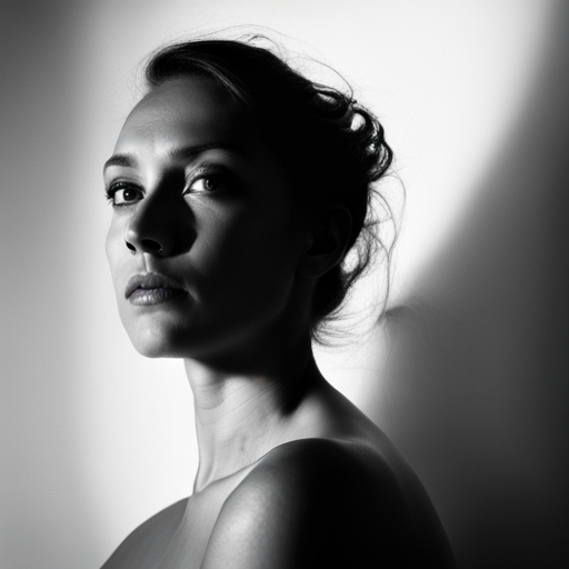 feminine strength, gracefulness, portrait, black and white, soft lighting, emotional expression, beauty, empowerment, contemporary, contrast, delicate features, monochrome, dramatic shadows, timeless elegance, fine art, highlights, composition, texture, simplicity