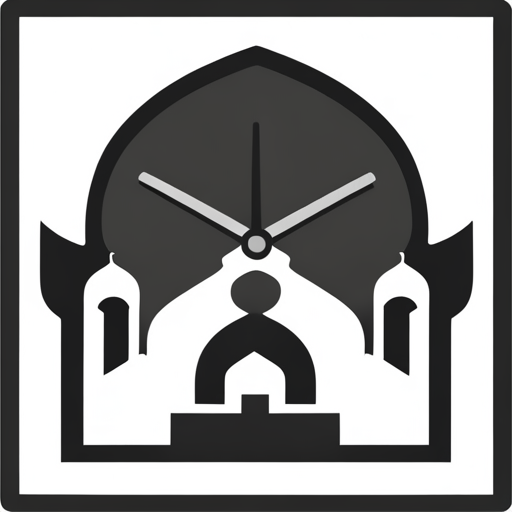 symbolic masjid, rounded border, border shadow, clock, time 04:10, caption, 7 minutes walking distance, location