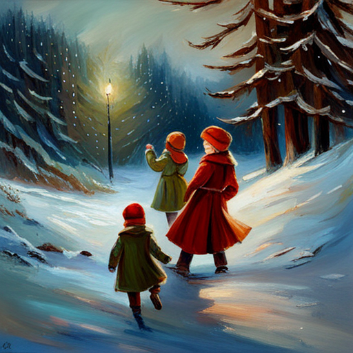 vintage, oil, impersonalism, Winter Children under a Christmas Tree Painting, classic