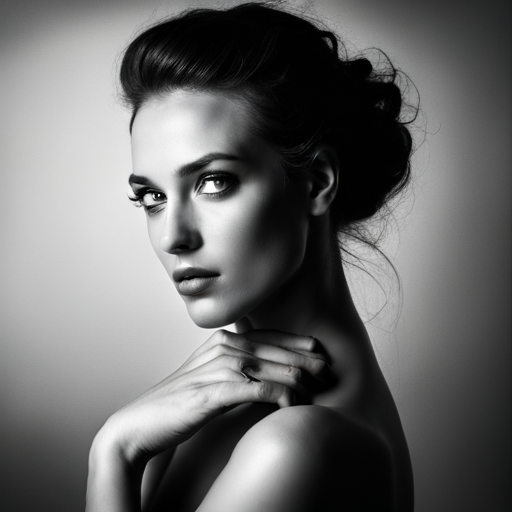 feminine strength, gracefulness, portrait, black and white, soft lighting, emotional expression, beauty, empowerment, contemporary, contrast, delicate features, monochrome, dramatic shadows, timeless elegance