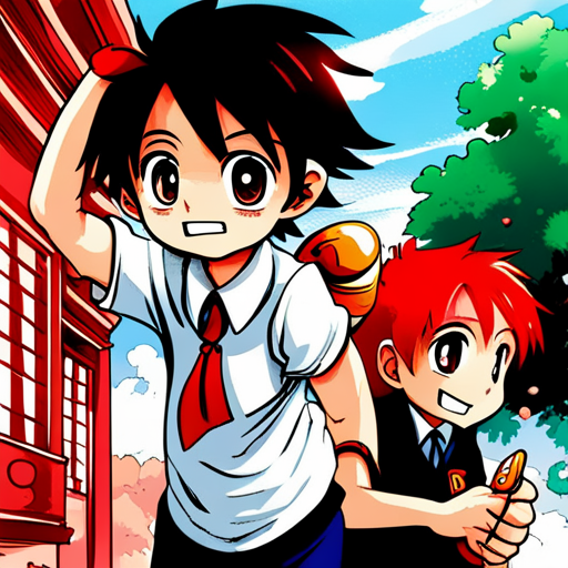 colorful, vibrant, playful, animated, manga, Japanese art, dynamic composition, expressive characters, flowing hair, school uniforms, emotive facial expressions, detailed backgrounds, iconic poses, action-packed, adventurous, fun, school setting, shy girl, boyish boys, emotional connection, joyful, energetic, lively, manga artist, school friends, contrast, relationships, coming-of-age, slice of life