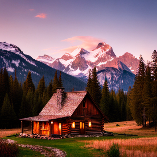 majestic, serene, landscape, peaceful, remote, solitude, cozy, rustic, wooden, cabin, mountains, nature, escape, retreat, tranquility, forest, trees, snow-capped, peaks, scenic, enhance, digital-art