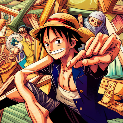 One Piece characters, vibrant colors, dynamic poses, action-packed scenes, epic battles, pirate adventure, intricate details, exaggerated proportions, comic book style, high energy, Shonen manga, unique character designs, emotional expressions, oceanic themes, devil fruits, straw hats, grand line, marine admirals, Yonko, character development, friendship, loyalty, dreams, determination, epic storytelling, large ensemble cast, mythical creatures, supernatural powers, anime