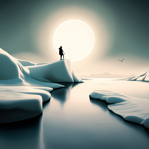 Surrealist Arctic waddle in the winter, depicted in a graphical monotone style. The scene is animated with a looping motion, as the characters slide on ice while maintaining a playful and comedic atmosphere.
