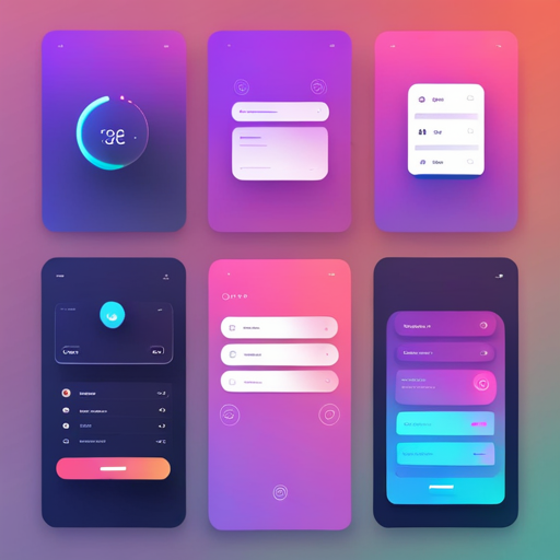 futuristic UI elements, smooth animations, bold typography, grid layout, glowing effects, sophisticated interactions, gradient backgrounds, modern technology, efficient user flow, sleek shapes, clean lines, sans-serif fonts, interface design, user experience, mobile app, graphic design, Dribbble style