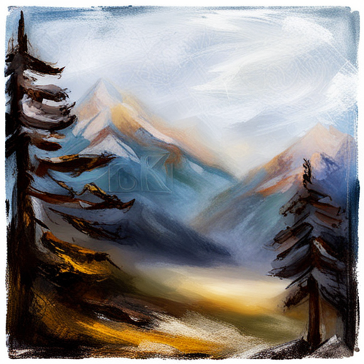 dramatic sunset, sweeping vista, majestic peaks, rugged terrain, alpine glow, natural beauty, cozy cabin, rustic charm, atmospheric perspective, vibrant colors, painterly brushstrokes, tranquil mood, vastness and scale, remote solitude