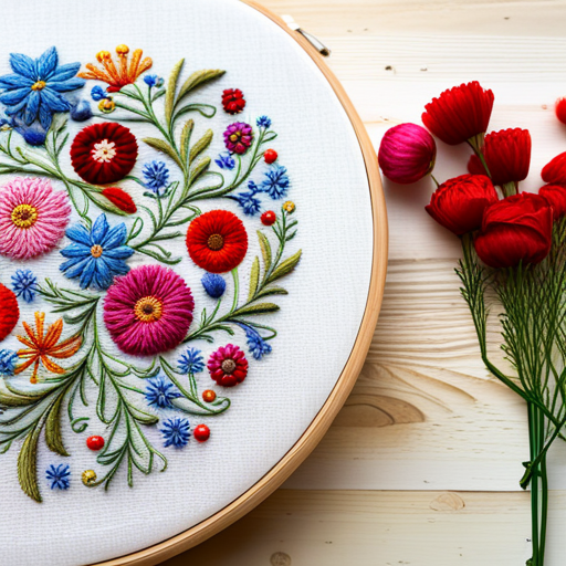 embroidery pattern, wildflower meadow, floral motifs, delicate stitches, intricate detailing, vibrant colors, nature-inspired, handmade, textile art, organic shapes, traditional craft, vintage aesthetic, botanical elements, floral composition, intricate patterns, textile design, artistic embellishments line-art