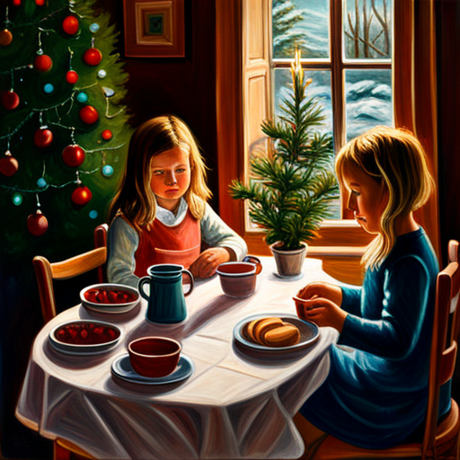 children, table, christmas tree, Laura Muntz Lyall, fine art, painting, cgsociety, american impressionism, impressionism, oil on canvas, detailed painting