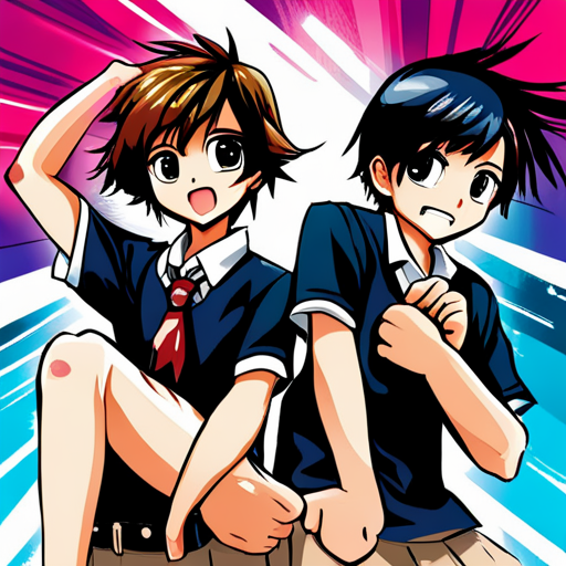 colorful, vibrant, playful, animated, manga, Japanese art, school friends, friendship, youth, dynamic composition, expressive characters, flowing hair, school uniforms, shy girl, boyish boys, emotional connection, joyful, energetic, lively, manga artist, school setting, emotive facial expressions, detailed backgrounds, iconic poses, action-packed, adventurous, fun, teenager, high school, group, relationships, coming-of-age, slice of life