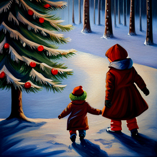 Winter, Children, Christmas Tree, Painting, Vintage, Oil on canvas, Artistic composition, Soft lighting, Warm colors, Textured brushwork, Impressionism, Nostalgia, Joyous mood, Outdoor scene, Snowy landscape, Traditional medium, Realism, Detailed brushwork, Classic art, Heartwarming, Holiday season, Festive atmosphere, Timeless beauty