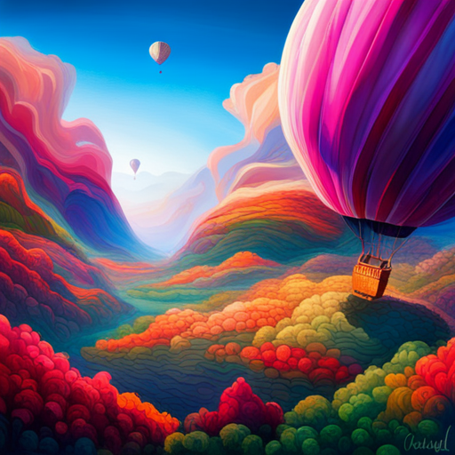 surrealism, dreamlike, vibrant colors, whimsical, Jules Verne, steampunk, aerial perspective, vast expanse, fantastical creatures, floating islands, magical realism, ethereal atmosphere, exaggerated scale, imaginative storytelling