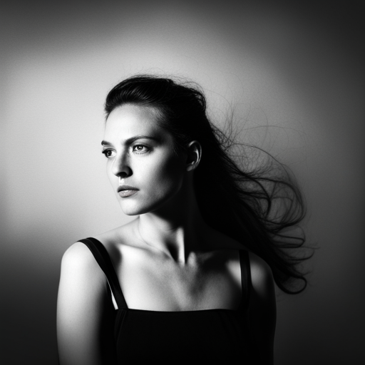 feminine strength, gracefulness, portrait, black and white, soft lighting, emotional expression, beauty, empowerment, contemporary, contrast, delicate features, monochrome, dramatic shadows, timeless elegance, chiaroscuro, Renaissance influence, ethereal mood