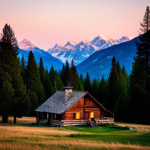 majestic, serene, landscape, peaceful, remote, solitude, cozy, rustic, wooden, cabin, mountains, nature, escape, retreat, tranquility, forest, trees, snow-capped peaks, scenic, enhance, digital-art