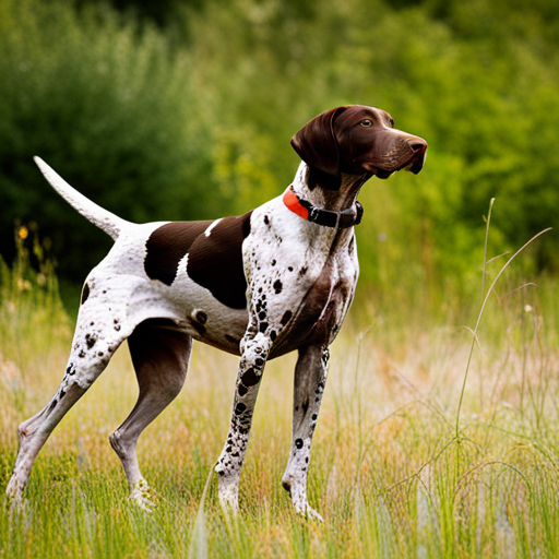 German shorthair pointer, hunting dogs, animal portrait, monochrome, high contrast, dark background, intense gaze, rugged texture, black and white photography, natural lighting, hunting instinct, powerful stance, majestic posture, pedigree breeds, outdoor photography, dog training photographic, nature, animal behavior, point, prey drive, breeds, hunting, wild game, bird hunting, scent, tracking, camouflaged, agility, trained, field trial, energetic, athletic, muscular, intelligent photographic, sporting dogs, gundogs, pointers, game birds, bird dogs, canine, hunting equipment, camouflage, action shots, hunting techniques, wildlife, hunting season, hunting gear, hunting scenery, agility, stamina, speed photographic, a majestic German Shorthair Pointer posing in a natural reserve, with a golden hour light setting, enhancing its deep brown coat, composition following the rule of thirds, defocused background with green and yellow tones, visible texture of fur, high level of detail capturing the essence of the breed