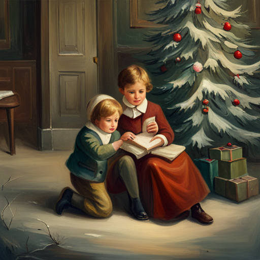 vintage, oil painting, classical, impressionism, muted colors, textured brushstrokes, 19th century, romanticism, traditional, natural lighting, landscape, nostalgia, delicate, thick paint, expressive, European, atmospheric, serene, rustic, aged, soft edges, analog-film, Winter Children under a Christmas Tree Painting, classic