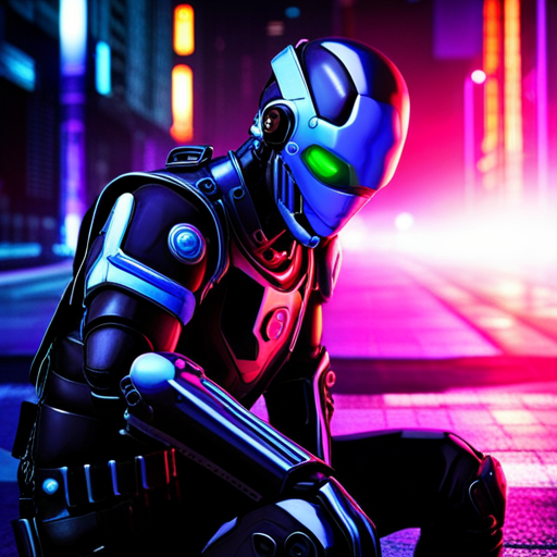 cybernetic-human, dystopian, neon, retro-futuristic, robot-soldier, augmented-reality, post-apocalyptic