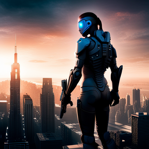 cybernetic enhancements, futuristic weapons, artificial intelligence, post-apocalyptic wasteland, mechanical limbs, digital implants, high-tech armor, cyberpunk aesthetics, dystopian society