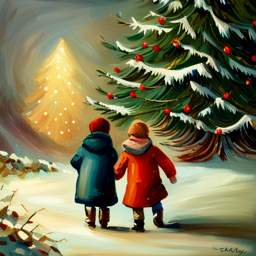 Winter, Children, Christmas Tree, Painting, Oil, Vintage, Snow, Cozy, Nostalgic, Traditional, Warmth, Joy, Delight, Festive, Holiday, Seasonal, Impressionistic, Soft brushstrokes, Candlelight, Glimmer, Shadows, Reflections, Frost, Frosty breath, Fireplace, Family, Love, Happiness, Innocence, Wonder, Magical, Twinkling lights, Ornate decorations, Gifts, Wrapped presents, Crisp air, Winter wonderland, Icy branches, Evergreen, Muted colors, Timeless, Vintage charm