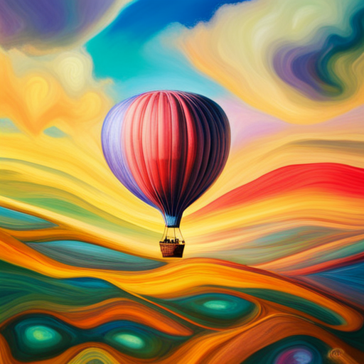 ethereal lighting, fantastical perspective, magical realism, colorful palette, dreamlike landscape, whimsical hot air balloon, floating sensation, vibrant colors, large scale, imaginative composition, surreal atmosphere, fantasy elements, otherworldly adventure