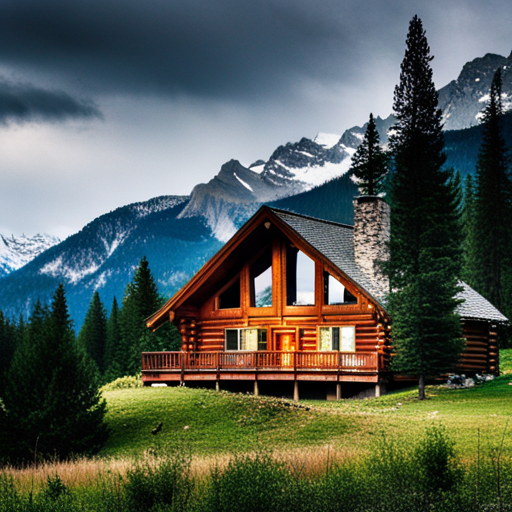 majestic, serene, landscape, peaceful, remote, solitude, cozy, rustic, wooden, cabin, mountains, nature, escape, retreat, tranquility, forest, trees, snow-capped peaks, scenic, enhance