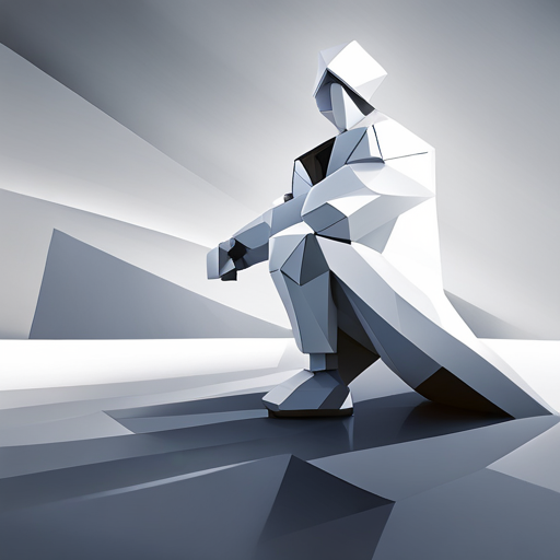 Minimalist, geometric robot sculpture, cuteness with simplicity, features cute geometric shapes, white space and light sources emphasize low-poly texture