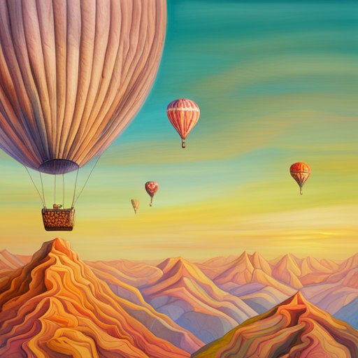 dreamlike landscape, whimsical hot air balloon, surreal atmosphere, fantasy elements, imaginative composition, fantastical perspective, magical realism, floating sensation, colorful palette, otherworldly adventure, ethereal lighting, vibrant colors, large scale