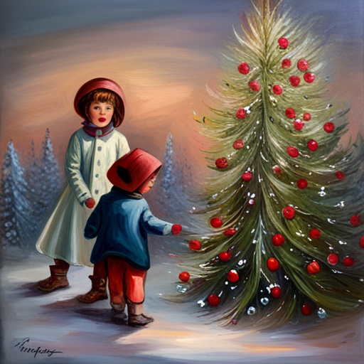 vintage oil, impersonalism, Winter Children, Christmas Tree, Painting, nostalgia, muted colors, soft lighting, brushwork, realistic, nostalgic atmosphere, wintertime, vintage aesthetic, distant, traditional, cozy, serene, classic, snowy landscape, holiday season, festive, joyful, innocence, peaceful, traditional art, Impressionist influence, detailed brushstrokes, texture, warmth, tranquility, timeless, holiday spirit