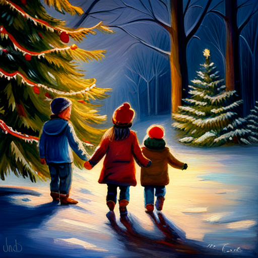 Winter, Children, Christmas Tree, Oil Painting, Vintage, 19th century, Impressionism, Soft lighting, Snow, Joyful, Colorful, Texture, Brushstrokes, Classic, Traditional, Nostalgia, Winter wonderland, Family, Festive, Cozy, Charming, Delicate, Atmosphere, Harmony, Rich colors, Timeless, Serene, Peaceful, Realistic, Romantic, Storytelling, Ethereal, Holiday season, Cold weather, Innocence, Warmth, Sparkling lights, Curved branches, Magical, Dreamlike, Traditional medium, Captivating, Sentimental, Vintage ornaments, Snowflakes, Gleaming, Imaginative, Tranquil, Sparkling, Festive atmosphere, Elegance, Anticipation, Celebratory, Rustic, Fluffy snow, Whimsical, Enchanting, Winter landscapes, Pastel hues, Shimmering, Delightful, Fine details, Delicate strokes, Captivating scene