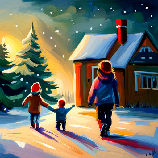 winter, children, Christmas tree, painting, traditional, snow, happiness, family, warmth, nostalgia, innocence, holiday, festive, cozy, realistic, muted colors, detailed, soft lighting, portrait, impressionistic, classic, festive atmosphere, traditional holiday scene, snow-covered landscape, heartwarming, winter wonderland photographic