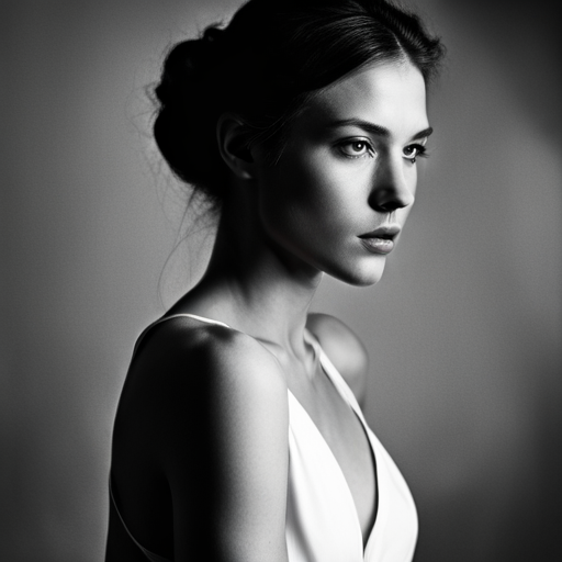 feminine strength, gracefulness, portrait, black and white, soft lighting, emotional expression, beauty, empowerment, contemporary, contrast, delicate features, monochrome, dramatic shadows, timeless elegance, chiaroscuro, Renaissance influence, ethereal mood