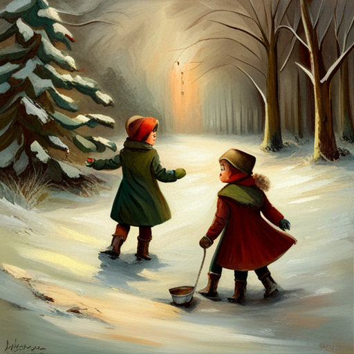 vintage, oil, impressionism, muted colors, texture, palette knife, thick brushstrokes, landscape, nature, nostalgic, romantic, soft lighting, French art, 19th century, outdoor scene, plein air, color harmony, atmosphere, brushwork, impasto, naturalism, tranquility, rustic charm, scenic beauty, capturing light, vintage charm, Winter Children under a Christmas Tree Painting, classic