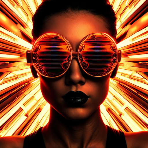 glitch art, cyberpunk, neon lights, futuristic, biomechanical, rave culture, augmented reality, metallic accents, reflection, post-apocalyptic, dystopian, sunglasses, Fire-inspired fashion, Radial symmetry, UV protection, Multidimensional shapes