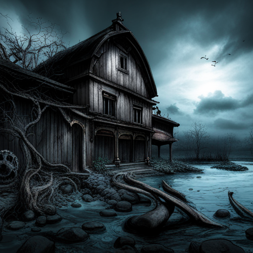 Lovecraftian horror, village, dark, mysterious, otherworldly, eldritch, cosmic horror, ancient civilization, tentacles, Cthulhu, madness, eerie atmosphere, gothic architecture, foggy landscape, twisted trees, eldritch entities, gloomy skies