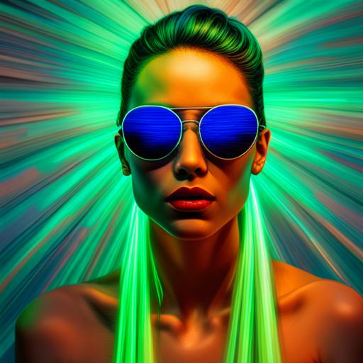 glitch art, cyberpunk, neon lights, futuristic, biomechanical, rave culture, augmented reality, metallic accents, reflection, post-apocalyptic, dystopian, sunglasses, Fire-inspired fashion, Radial symmetry, UV protection, Multidimensional shapes