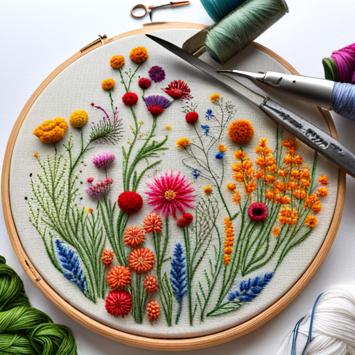 wildflower meadow, embroidery pattern, intricate details, vibrant colors, floral arrangement, stitching technique, botanical artwork, textured background, organic shapes, delicate petals, creative composition, handcrafted beauty