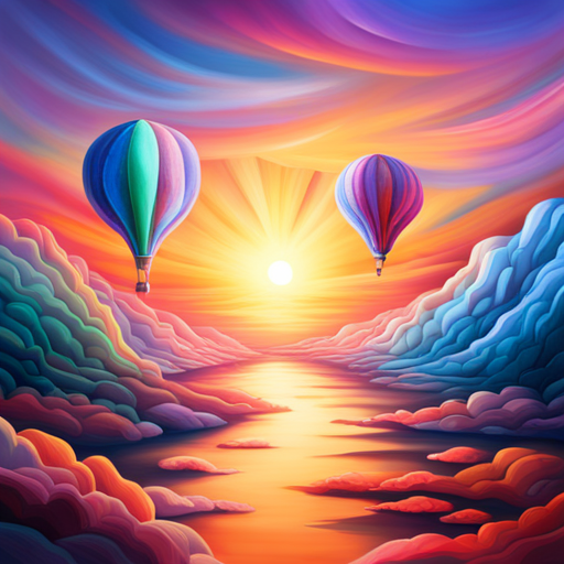 vibrant colors, large scale, dreamlike landscape, whimsical hot air balloon, surreal atmosphere, fantasy elements, imaginative composition, ethereal lighting, fantastical perspective, magical realism, floating sensation, colorful palette, otherworldly adventure