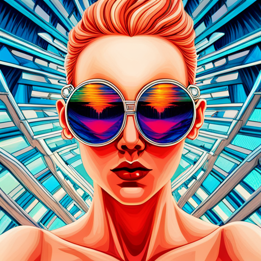 glitchy, neon, cyberpunk, futuristic, augmented reality, metallic accents, edgy, sunglasses, Burning Man, retrofuturistic, dystopian, rave culture, fusion, biomechanical, electric, High-tech eyewear, Fire-inspired fashion, Futuristic festival, Radial symmetry, Burnt orange, Mirrored lenses, UV protection, Industrial chic, Post-apocalyptic, Multidimensional shapes