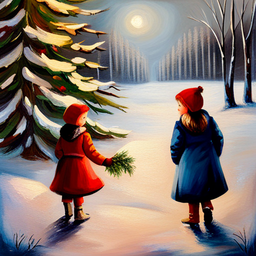 Winter, Children, Christmas Tree, Vintage, Oil on Canvas Painting, Snow, Cold, Nostalgic, Cozy, Traditional, Holiday, Festive, Timeless, Classic, Emotive, Realism, Impressionism, Warmth, Glow, Illumination, Shadows, Textured Brushstrokes, Chilly, Frosty, Serene, Joyful, Innocence, Wonder, Peaceful, Natural, Magical, Sparkling, Subtle, Soft, Delicate, Detailed, Golden Hour, Romantic, Traditional, Festive