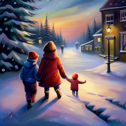 Winter, Children, Christmas Tree, Painting, Impressionism, Snow, Joy, Warmth, Cozy, Soft colors, Brushstrokes, Nature, Light and shadow, Magical, Festive, Family, Tradition