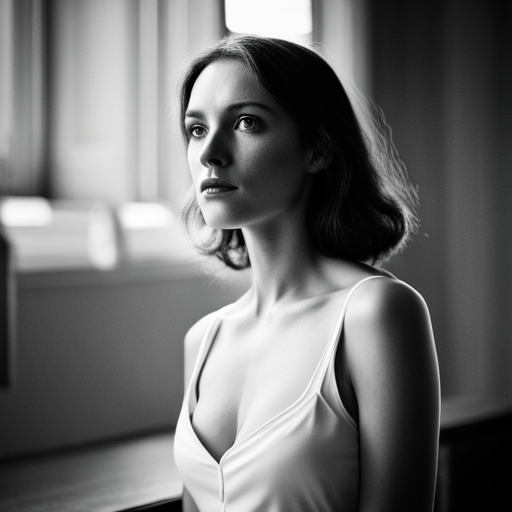 feminine strength, gracefulness, portrait, black and white, soft lighting, emotional expression, beauty, empowerment, contemporary, contrast, delicate features, monochrome, dramatic shadows, timeless elegance, chiaroscuro, Renaissance influence, ethereal mood