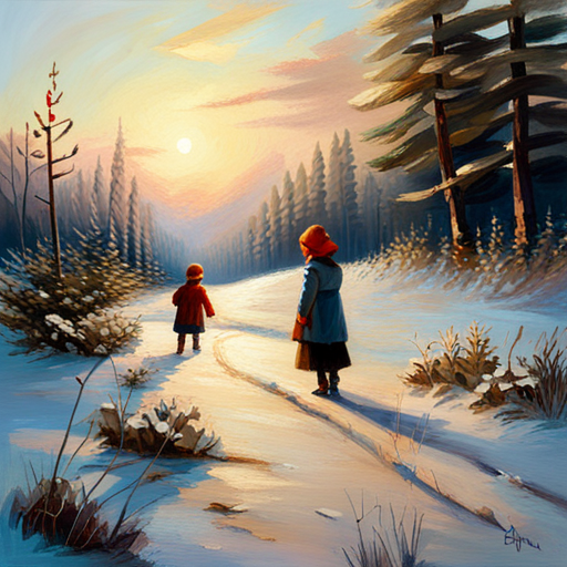 vintage oil, impersonalism, Winter Children, Christmas Tree, painting, nostalgic, old-fashioned, classical, Impressionism, brushstrokes, muted colors, snowy landscape, seasonal, traditional, festive, innocence, joyful, family, holiday, heartwarming, soft light, serene, peaceful, delicate, detailed, realism