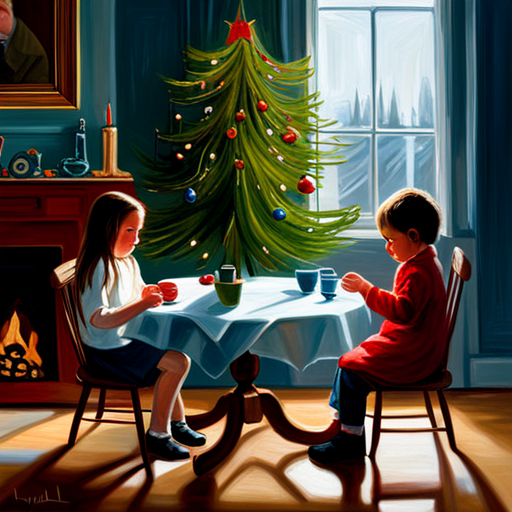 detailed painting, Laura Muntz Lyall, American impressionism, impressionism, oil on canvas, children, table, Christmas tree, fine art, traditional, nostalgic, cozy, warm lighting, intimate composition, vibrant colors, textured brushwork, realistic texture, medium brush strokes, soft edges, perspective, peaceful mood, cultural influences, holiday season, family, childhood memories
