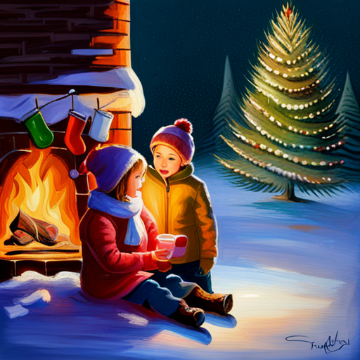 Vintage oil painting of children playing under a Christmas tree during the winter season