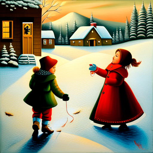Winter, Children, Christmas Tree, Painting, Vintage, Oil on Canvas, Art, Holiday, Snow, Cozy, Nostalgia, Traditional, Landscape, Winter Scene, Festive, Warm Glow, Delicate Brushstrokes, Rich Colors, Classic Technique, Timeless, Charming, Playful, Joyful, Magical, Traditional Medium, Soft Lighting, Romantic, Detailed, Evocative, Storytelling, Innocence, Wonder, Curiosity, Memory, Anticipation