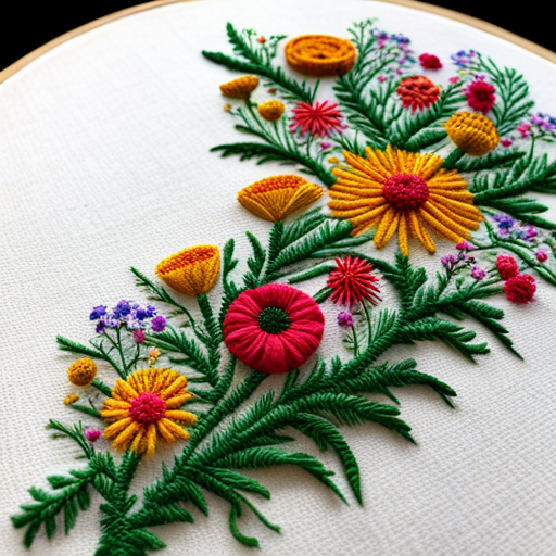 embroidery pattern, wildflower meadow, floral motifs, delicate stitches, intricate detailing, vibrant colors, nature-inspired, handmade, textile art, organic shapes, traditional craft, vintage aesthetic, botanical elements, floral composition, intricate patterns, textile design, artistic embellishments